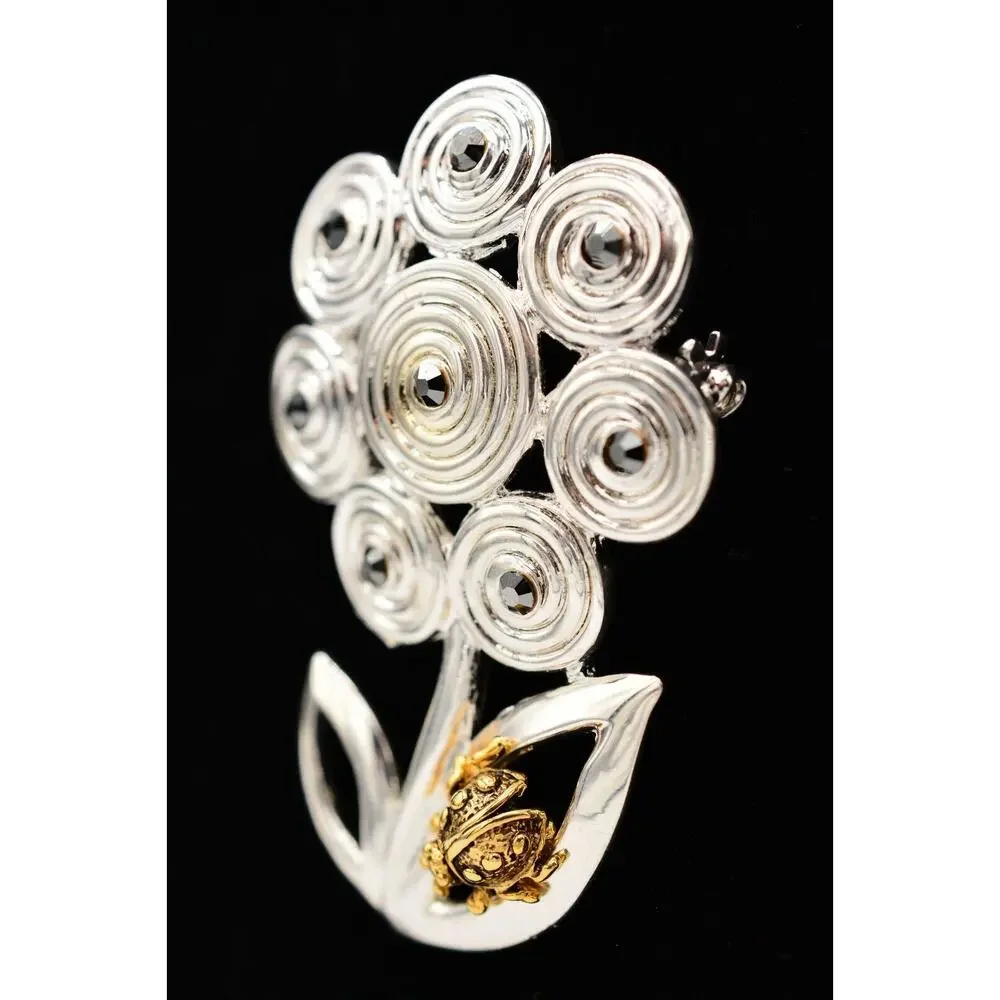 Danecraft Vintage Flower Pin Brooch Ladybug Rhinestone Signed NOS 1980s BinA10